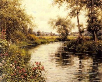Fleurs en fleurs par un paysage fluvial Louis Aston Knight Peinture à l'huile